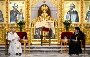 Papst Franziskus spricht zu orthodoxen Bischöfen in der orthodoxen Kathedrale in Nikosia, Zypern, 3. Dezember 2021.  /  Vatican Media