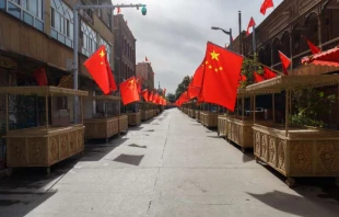 Straße mit Marktständen in Xinjiang: An jedem Stand ist eine chinesische Flagge angebracht. / Chris Redan/Shutterstock