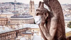 Mundschutz auf einem der berühmten Wasserspeier von Notre Dame. / Viacheslav Lopatin via Shutterstock