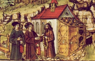 Eine Tafel aus der Amtlichen Luzerner Chronik von 1513 von Diebold Schilling dem Jüngeren, die die Ereignisse der Tagsatzung von Stans im Jahr 1481 illustriert. Oben: Ein Priester namens Heini am Grund besucht Niklaus von Flüe, um ihn um Rat zu bitten, wie die scheiternde Tagsatzung in Stans gerettet werden kann, wo sich die Delegierten der ländlichen und städtischen Kantone der Alten Eidgenossenschaft nicht einigen konnten und mit einem Bürgerkrieg drohten. Unten: Am Grund kehrt zur Tagsatzung zurück und berichtet von Niklaus' Ratschlag, woraufhin die Delegierten einen Kompromiss schließen. Am Grund wird gezeigt, wie er einen Vogt zurückhält, der schon losziehen und die gute Nachricht verbreiten will: Niklaus' Ratschlag bleibt bis heute geheim. / Gemeinfrei