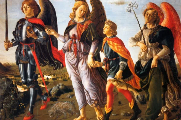 Die drei Erzengel Michael (links), Raphael (Mitte) und Gabriel führen Tobias, den Sohn des Tobit im gleichnamigen Buch des Alten Testaments: Das Gemälde Francesco Botticini entstand 1470.  / The Bridgeman Art Library via Roberta F., Wikimedia (Gemeinfrei)