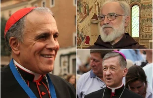 Kardinal Daniel DiNardo, Pater Raniero Cantalamessa OFM, Kardinal Blase Cupich (von links, im Uhrzeigersinn) / Daniel Ibanez / CNA Deutsch (1+3) // CTV / Wikimedia (CC BY 30)