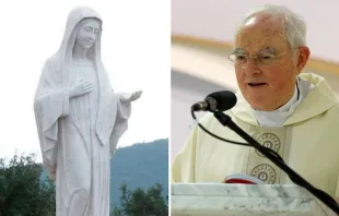 Marienstatue in Medjugorje (links) und Monsignore Henryk Hoser bei der heiligen Messe am 4. Juli (rechts) / Wikipedia Beemwej (CC-BY-SA-3.0) und Diözese Warschau-Prag