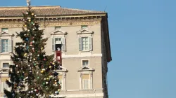 Papst Franziskus winkt den auf dem Peterspatz rund um den Christbaum versammelten Gläubigen zum Angelusgebet am 8. Dezember 2016. / CNA/Daniel Ibanez