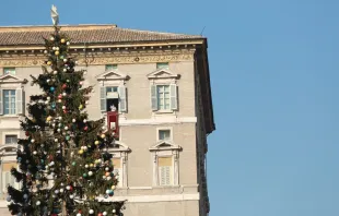 Papst Franziskus winkt den auf dem Peterspatz rund um den Christbaum versammelten Gläubigen zum Angelusgebet am 8. Dezember 2016. / CNA/Daniel Ibanez