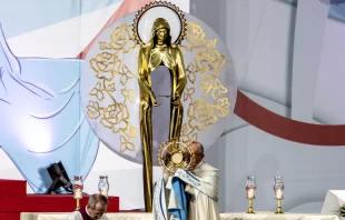 Die Monstranz wurde von einem kolumbianischen Künstler aus Patronenhülsen gefertigt: Papst Franziskus mit dem Allerheiligsten bei der Vigilfeier zum Weltjugendtag 2019 / Daniel Ibanez / CNA Deutsch