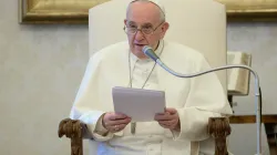 Papst Franziskus in seiner Ansprache zur Generalaudienz am 22. April 2020 in der Bibliothek des Apostolischen Palastes im Vatikan. / Vatican Media
